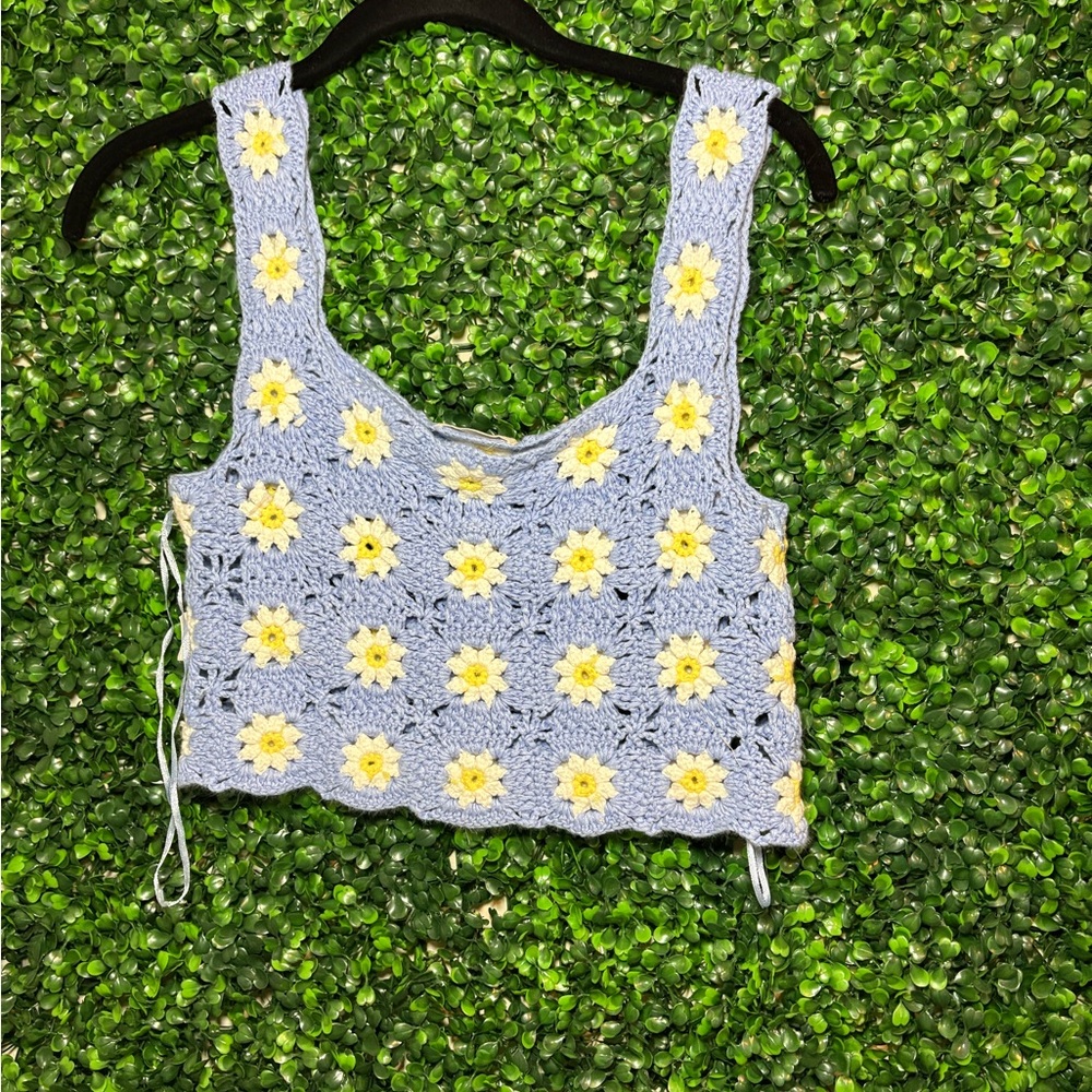 Blue and Yellow Floral Crochet Top